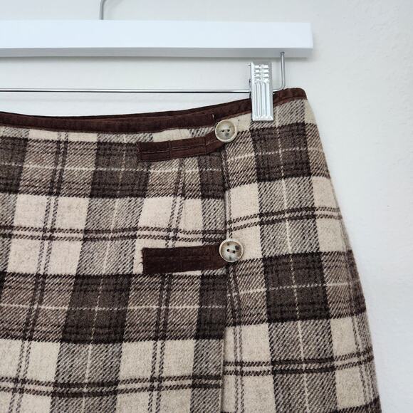 Vintage Y2K GAP Wool Brown Plaid High Waist Mini Wrap Skirt Preppy Academia 4 - Picture 2 of 8